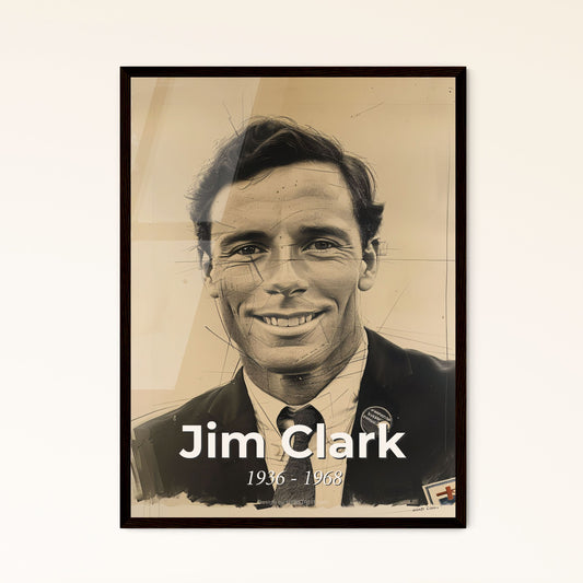 Jim Clark: Iconic Formula One Champion - Contemporary Art Portrait on Beige, Framed Print, Perfect for Home Décor & Gifting