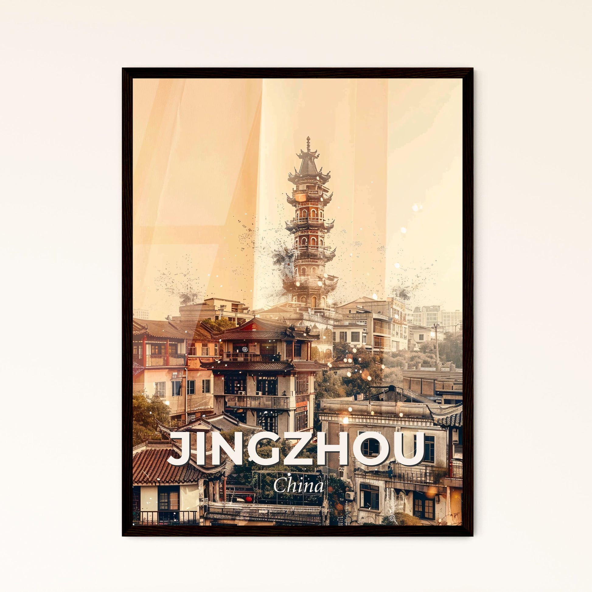 Jingzhou Skyline Poster: Beauty in Double Exposure - A tall tower in a city