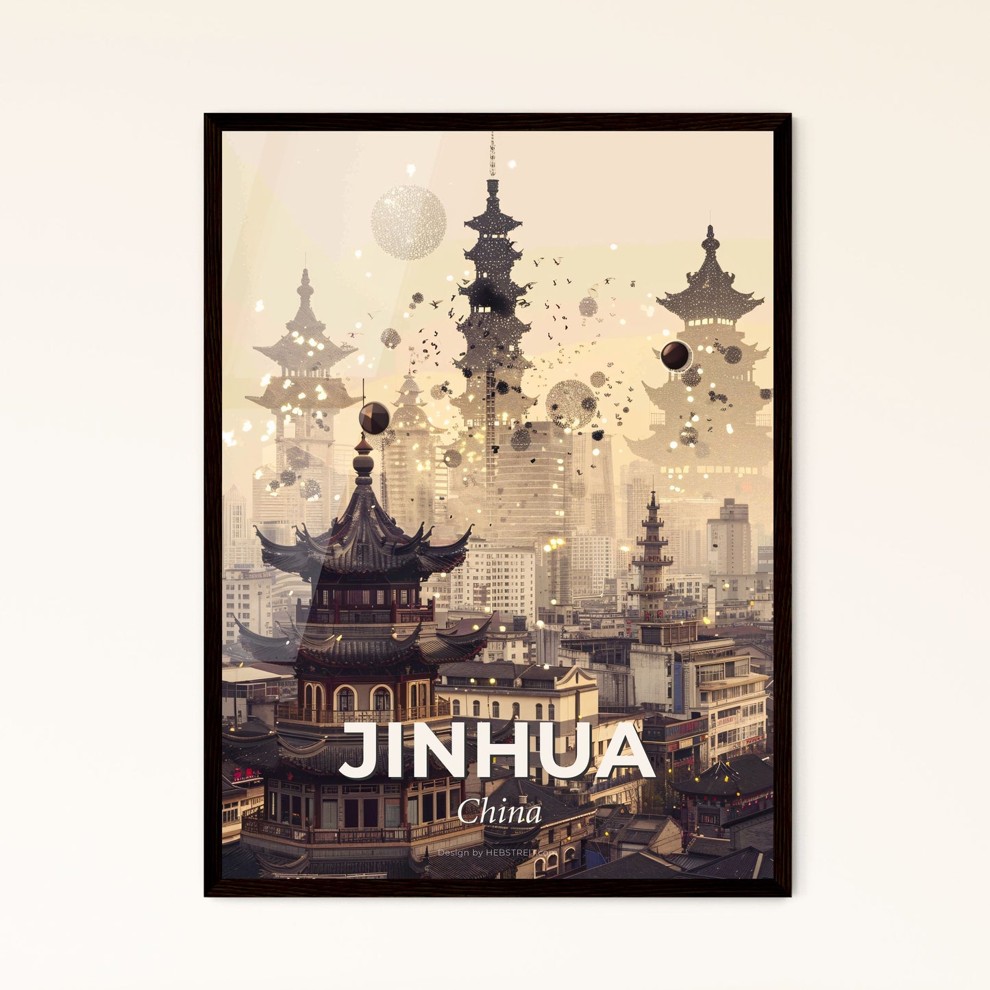 Jinhua Skyline Beige Sparkle Composite Poster - A city with many buildings and fireworks