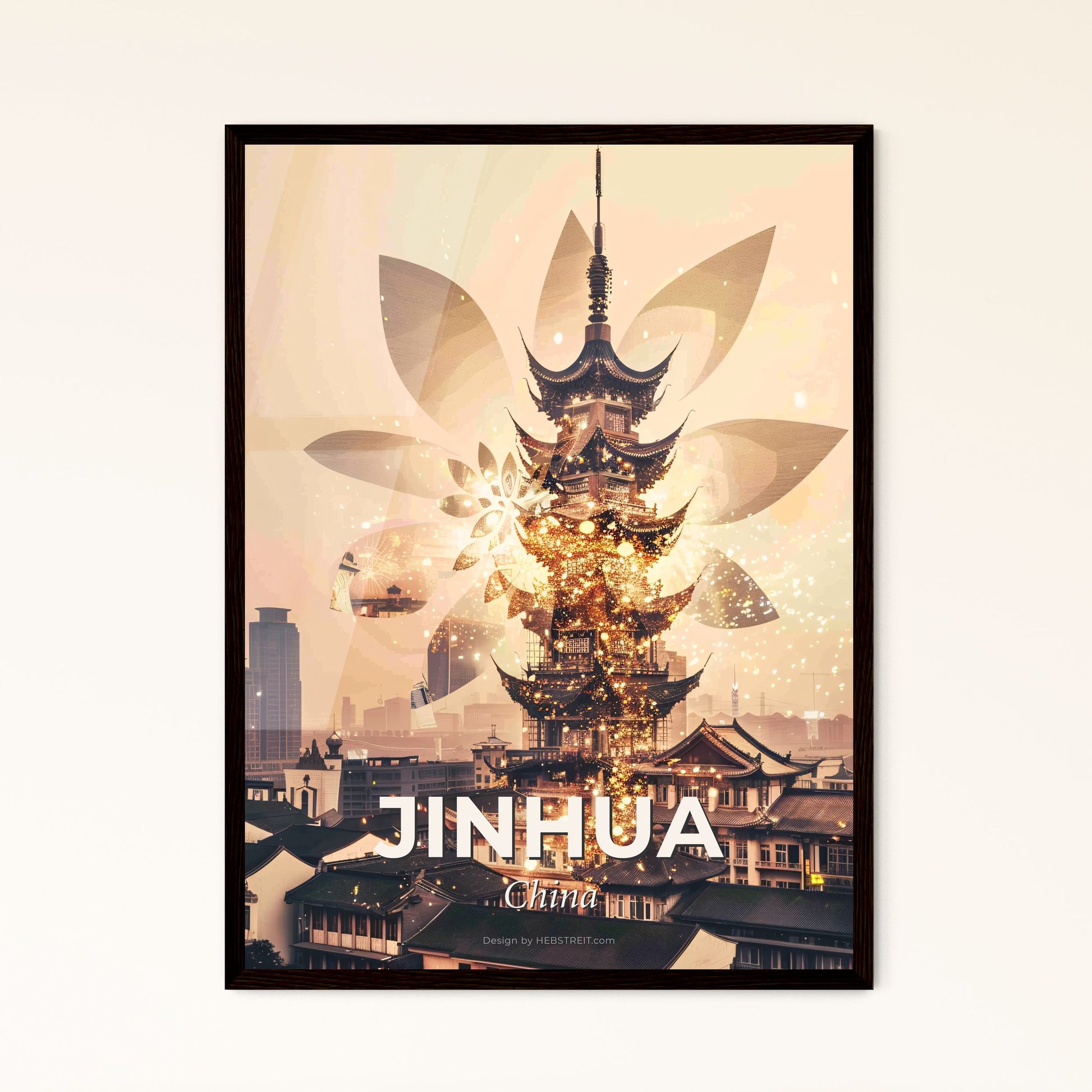 Jinhua Cityscape Double Exposure Masterpiece - A tall pagoda with lights and a flower design