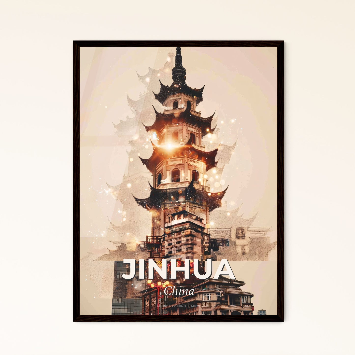 Jinhua Skyline Double Exposure Poster Art - A tall building with a tower and many buildings