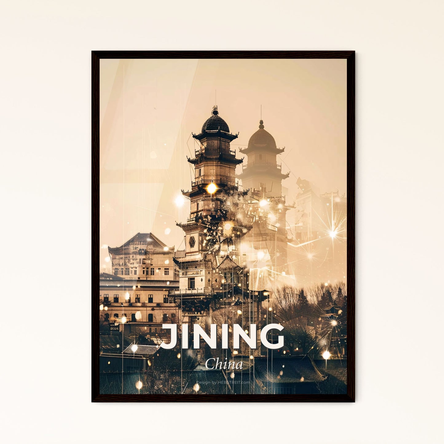 Jining City Skyline Double Exposure Glow Poster - A large tower with towers and buildings in the background