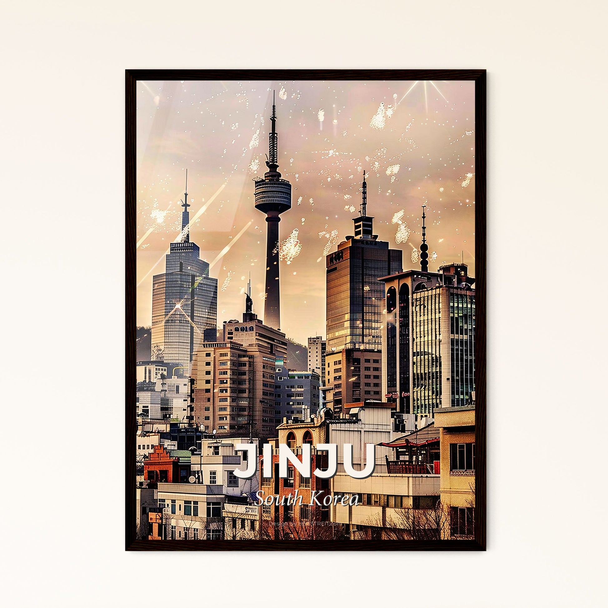 Jinju Skyline Double Exposure Art Poster - Fireworks in the sky over a city