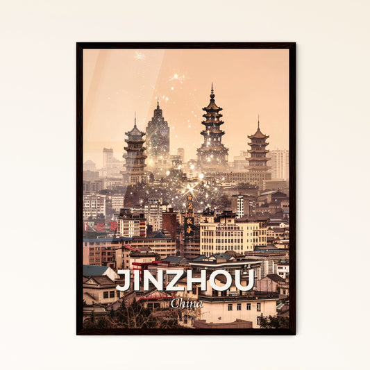 Jinzhou Skyline Icons Double Exposure Composite Art - A city with tall buildings and fireworks