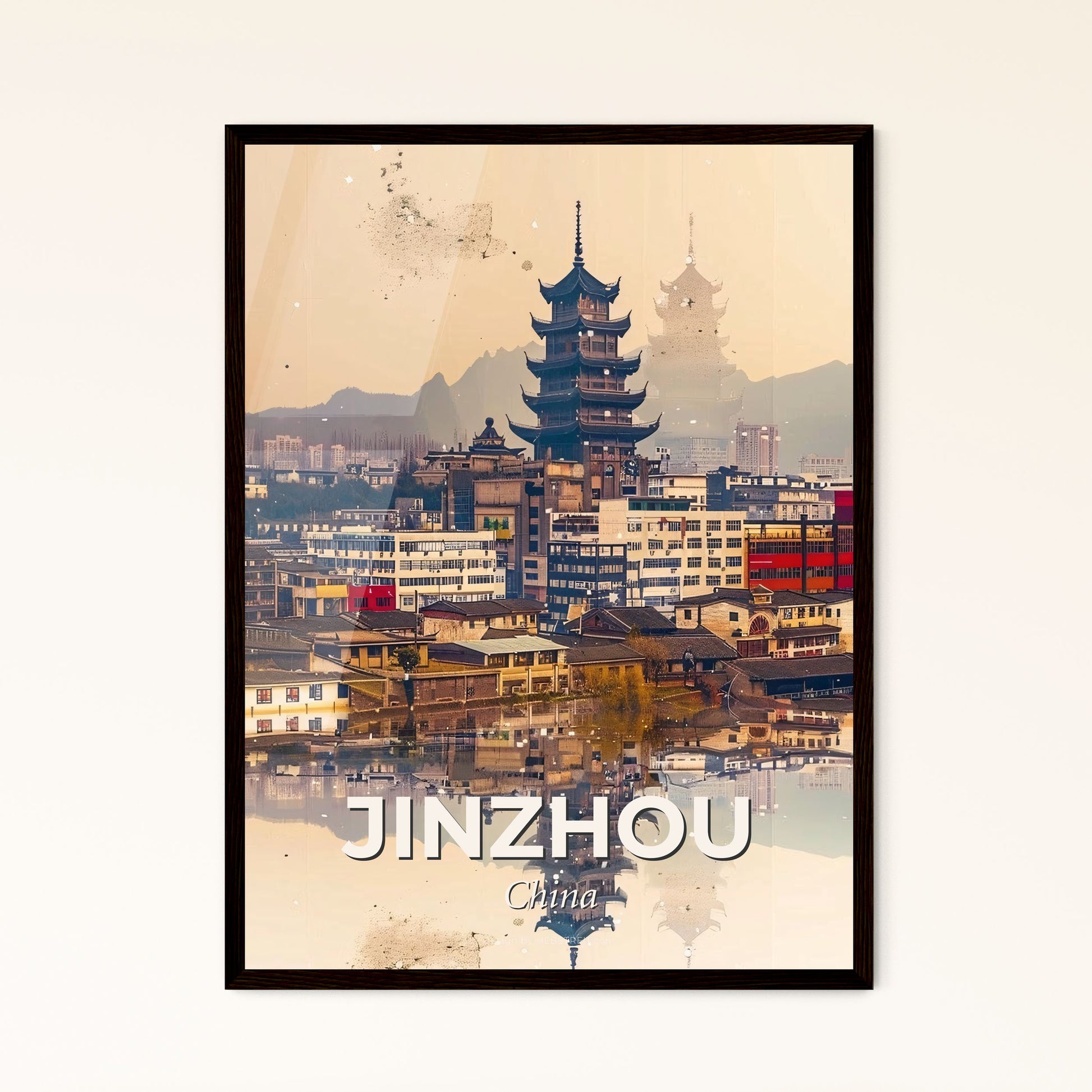 Jinzhou Cityscape: Vibrant and Glittering - A city with a tall tower and buildings reflected in water