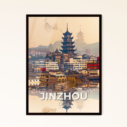 Jinzhou Cityscape: Vibrant and Glittering - A city with a tall tower and buildings reflected in water