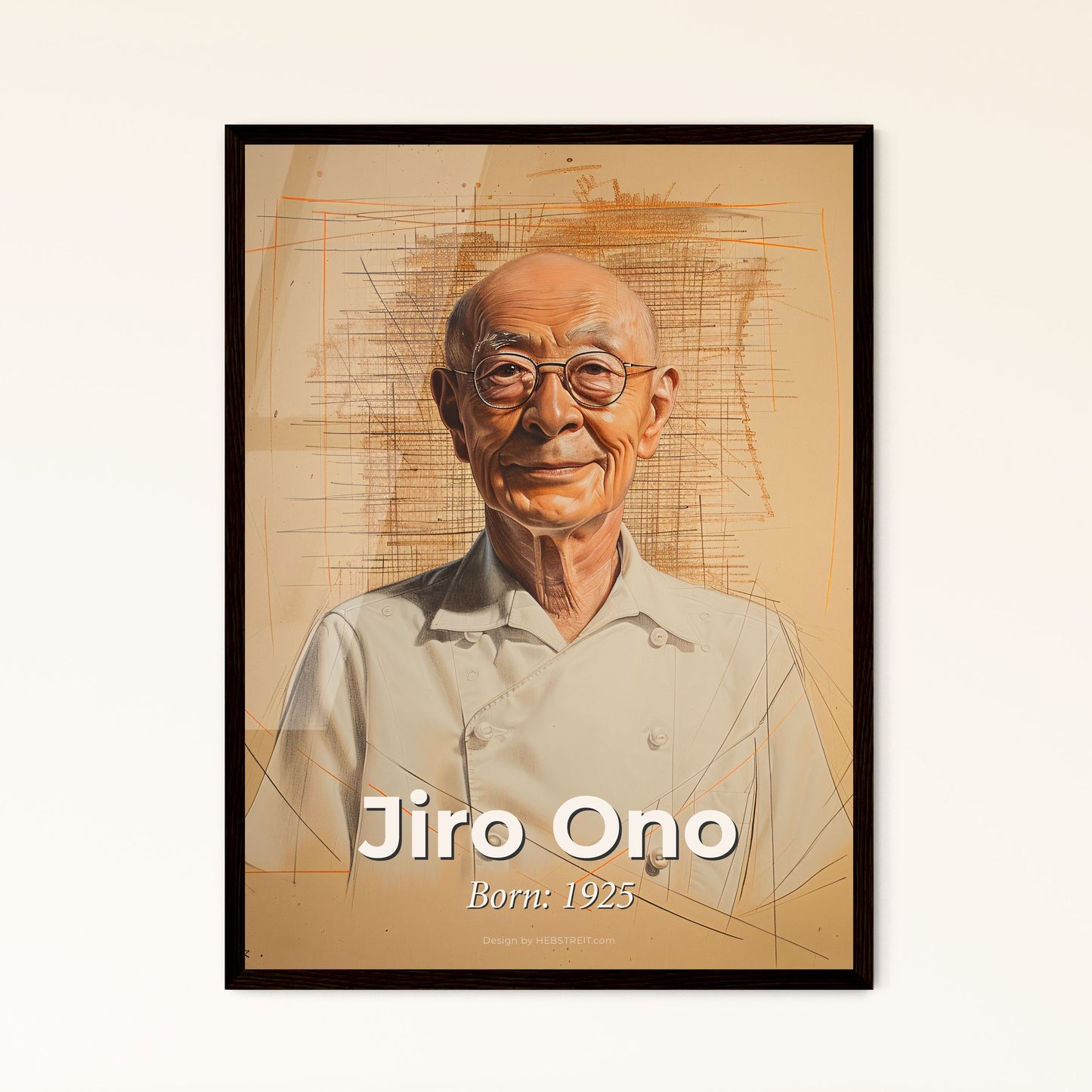 Elegant Jiro Ono Portrait: Contemporary Art Print of the Legendary Sushi Chef on Luxurious Beige – Perfect for Home Decor!