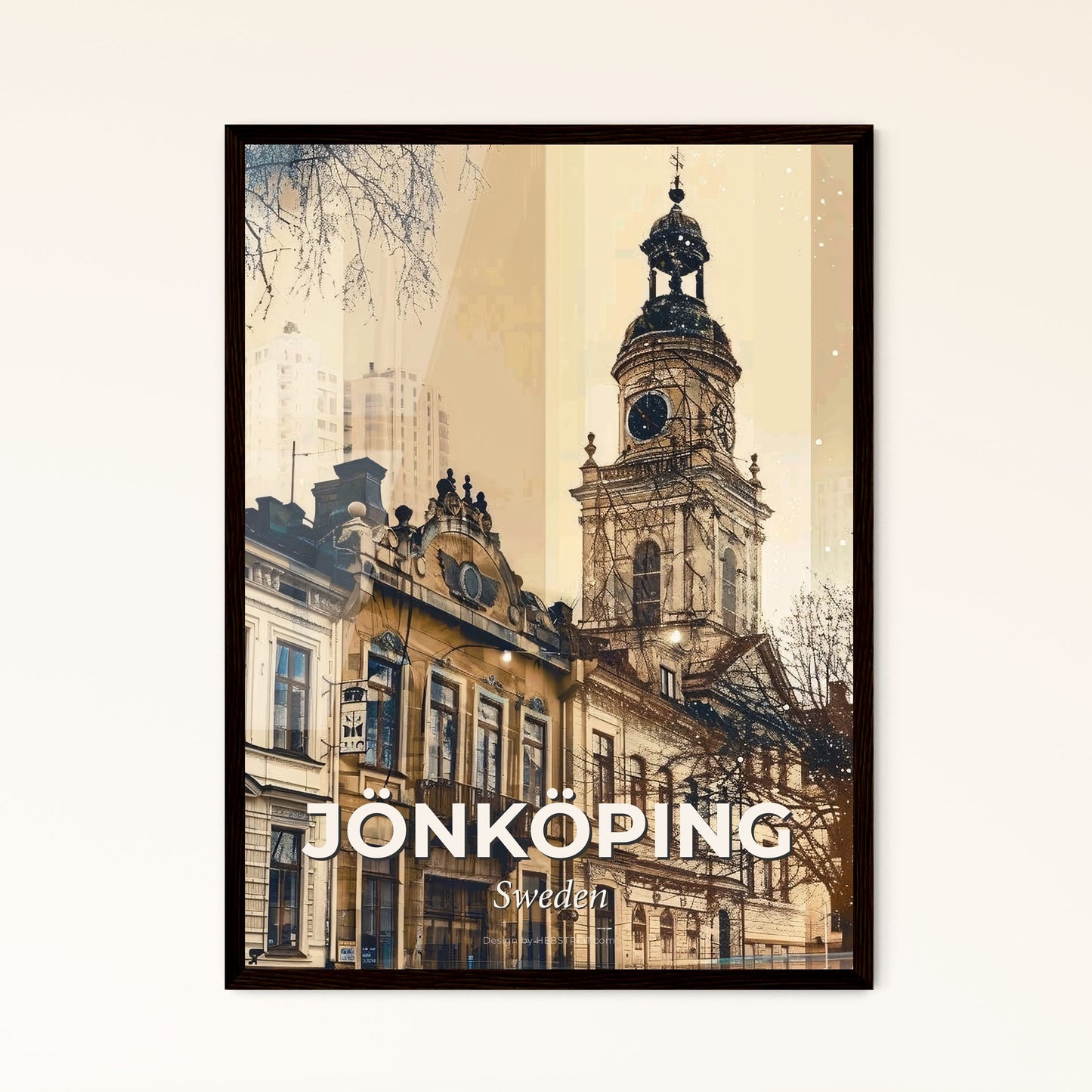 Jönköping Skyline Cityscape Beige Sparkle Poster - A building with a clock tower