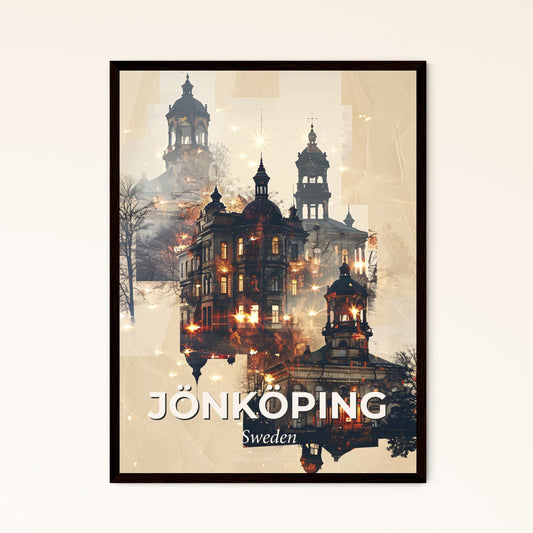 Jonkoping Sweden Skyline Poster Art Bright Beige Paper - A group of buildings with lights