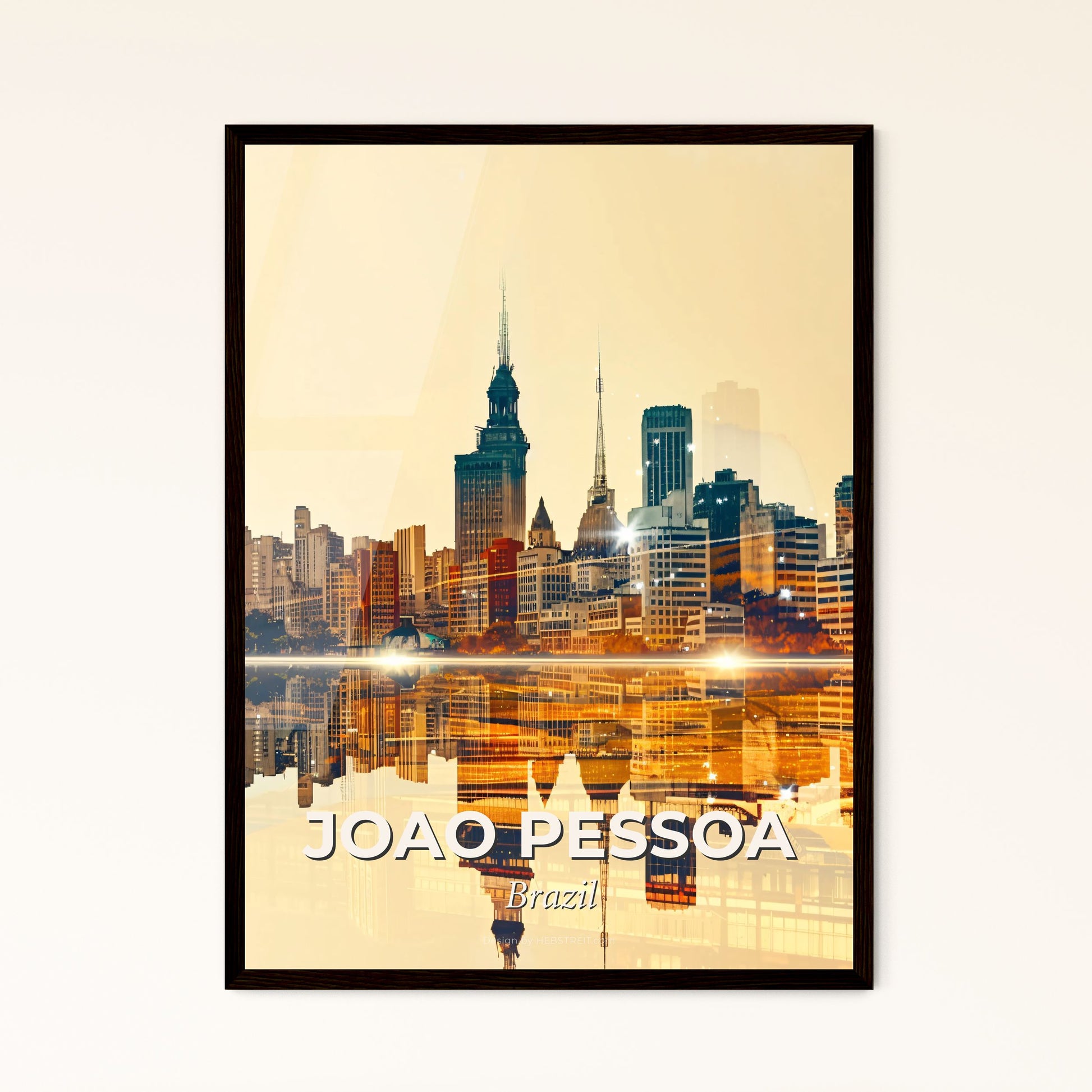 Joao Pessoa Skyline Cityscape Beige Sparkle Poster - A city skyline with many tall buildings reflected in water