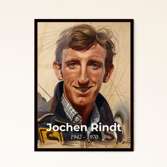 Jochen Rindt: Posthumous F1 Legend – Stunning Contemporary Art Portrait on Beige, Dynamic Lines & Subtle Hues for Home Decor