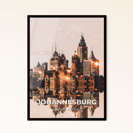 Johannesburg Skyline Pop Art Cityscape Poster - A city skyline with many tall buildings and a body of water