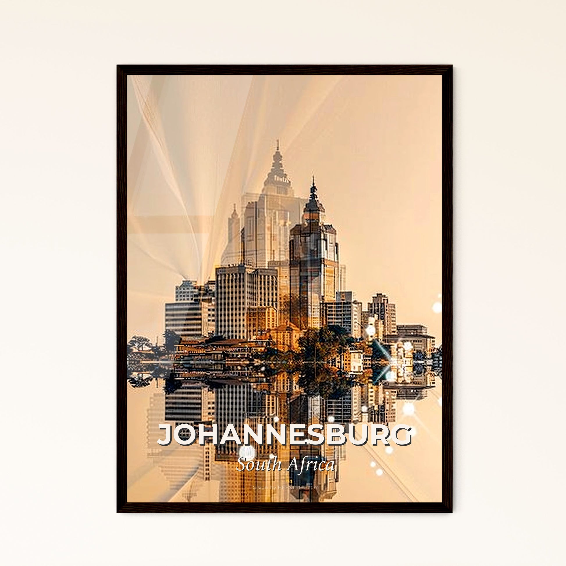 Johannesburg Skyline Double Exposure Art Poster - A city with many tall buildings reflected in water