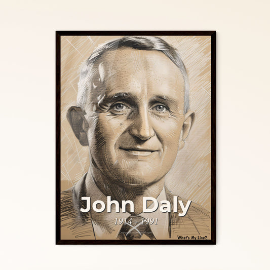 Captivating Portrait of John Daly, Iconic Host of 'What's My Line?' - Contemporary Art Print on Beige, Dynamic Lines & Elegant Hatching