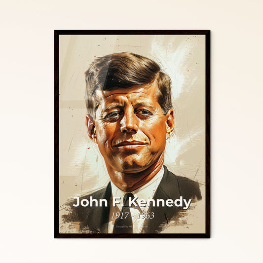 Charismatic Legacy: John F. Kennedy Portrait - Contemporary Art Print on Beige, Elegant Hatching & Dynamic Lines for Unique Décor