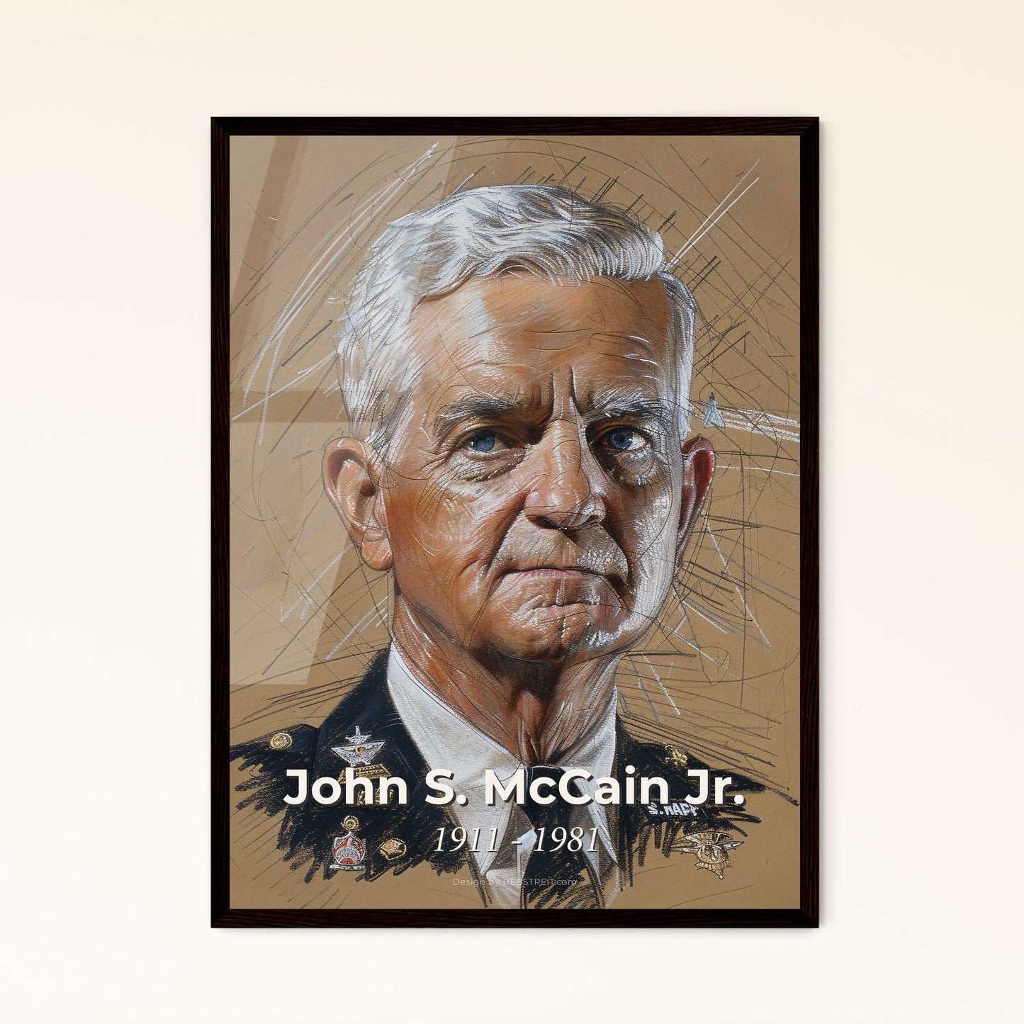 Admiring Admiral McCain: A Contemporary Tribute to Naval Aviation on Elegant Beige - Fine Art Print for Home Decor & Gifting