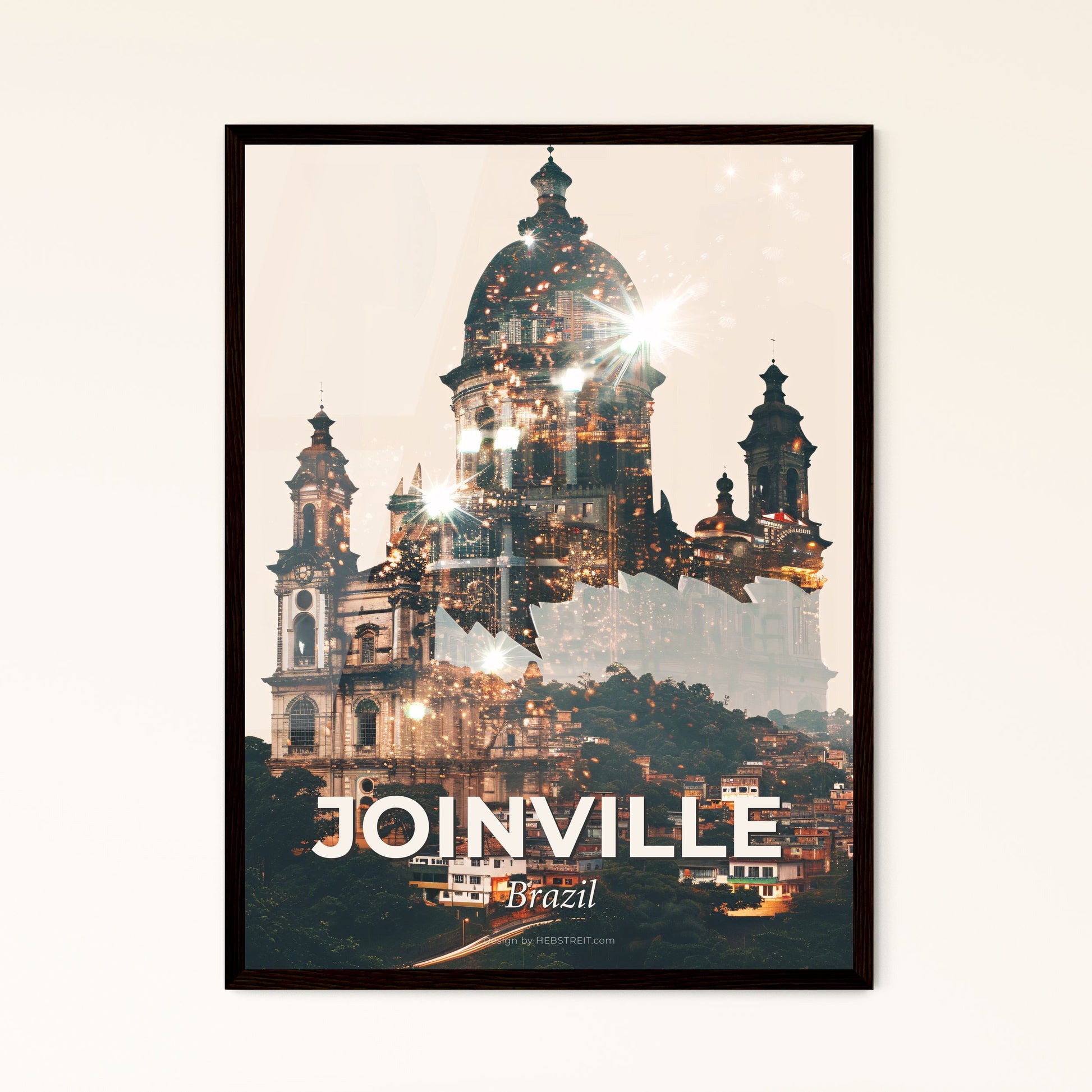 Joinville Skyline Double Exposure Art Poster - A large building with a city behind it