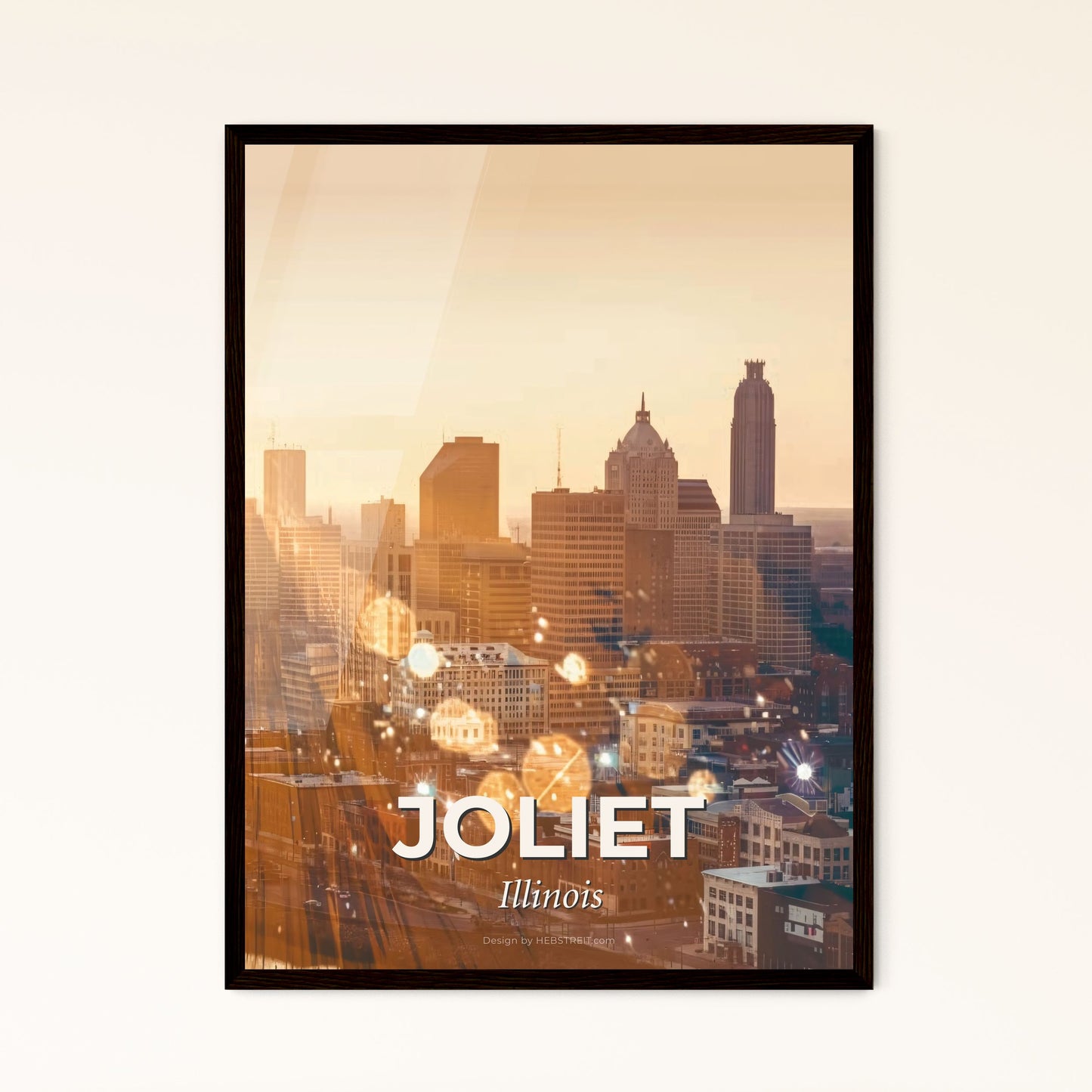 Joliet City Skyline Poster: Local Art, Bright Beige - A city skyline with many tall buildings