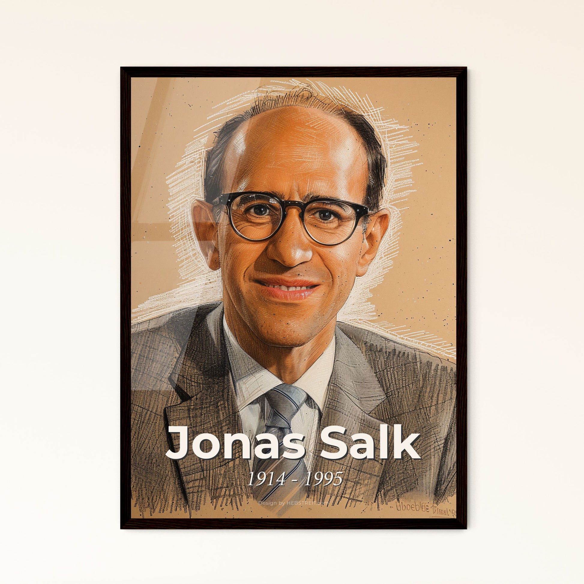 Celebrating Jonas Salk: A Dynamic Contemporary Portrait of the Virologist Behind the Polio Vaccine on Elegant Beige Background