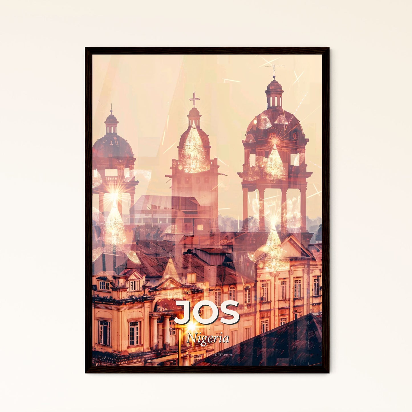 Jos: Vibrant Skyline in Double Exposure Art - A building with towers and lights