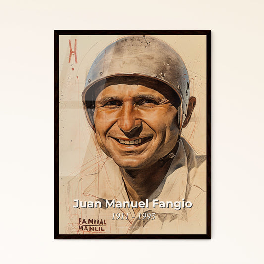 Juan Manuel Fangio: Iconic Formula One Champion - Exquisite Contemporary Art Print on Beige, Framed or Aluminum Options Available!