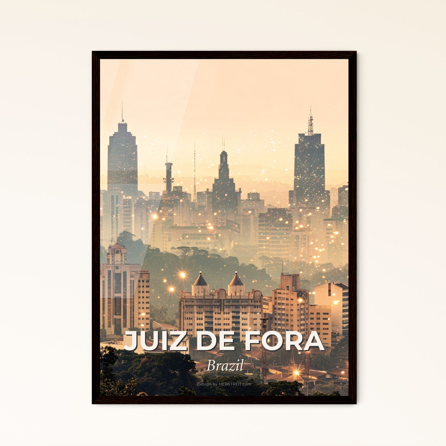 Juiz de Fora Skyline Double Exposure Poster Art - A city with many tall buildings