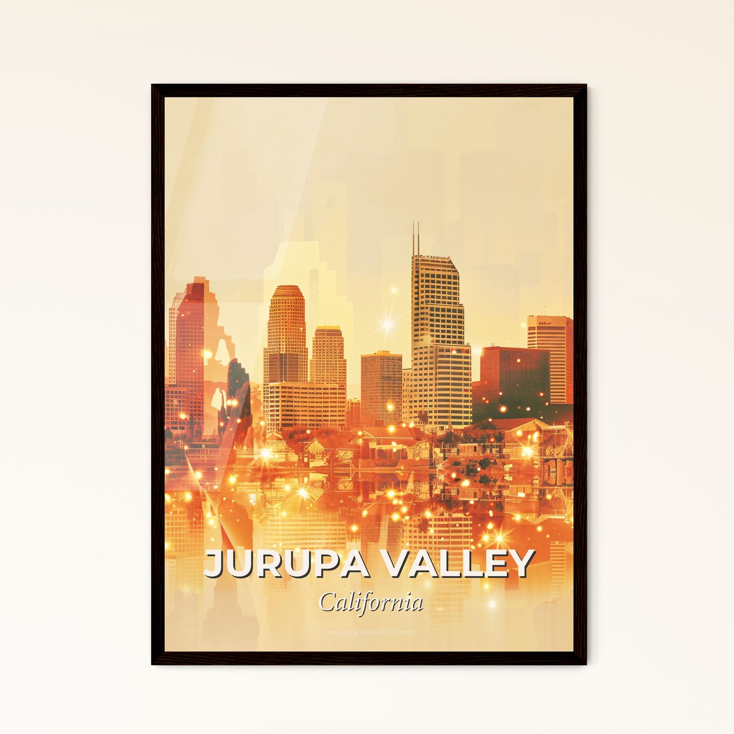 Jurupa Valley Skyline - Bright Beige Paper Poster Art - A city skyline with lights reflecting on water