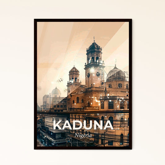 Kaduna City Skyline Double Exposure Composite Art - A building with towers and a bridge