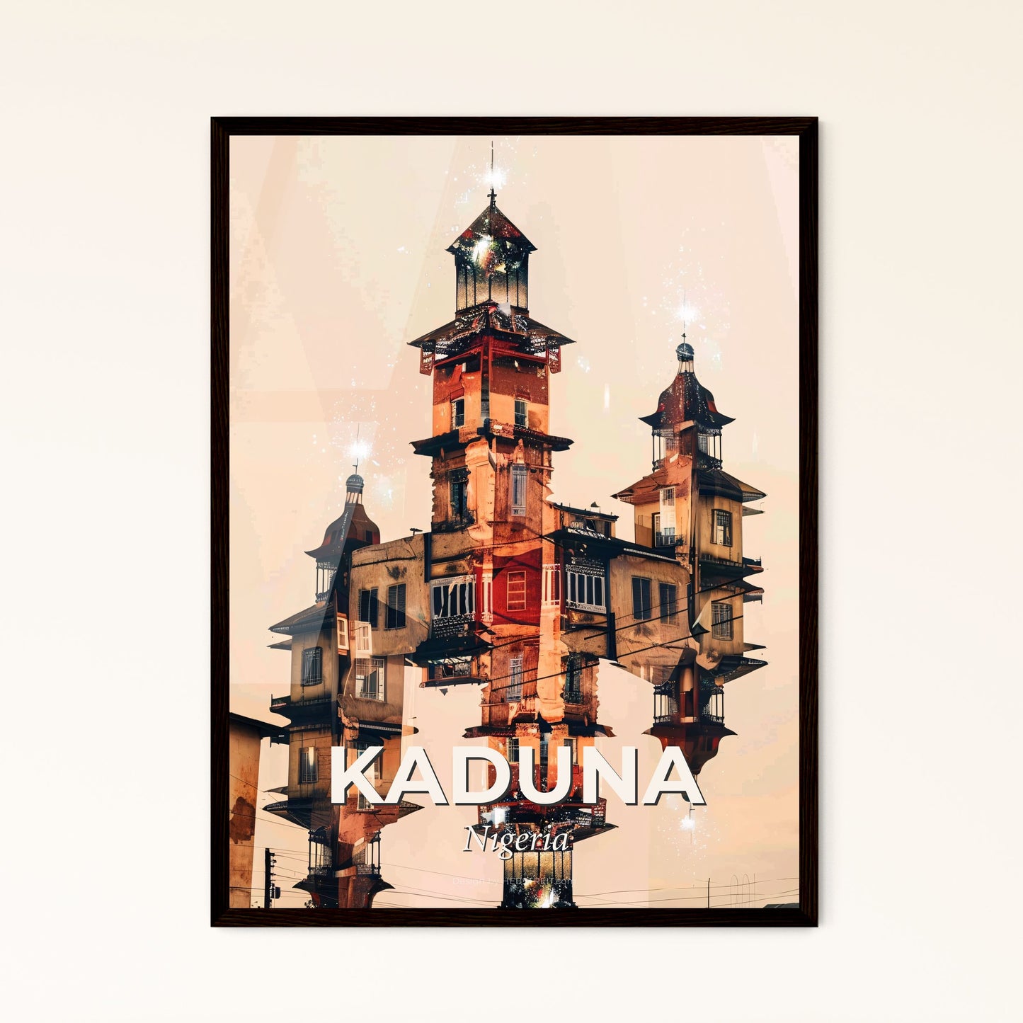 Kaduna Cityscape Double Exposure Skyline Art - A building with towers and lights