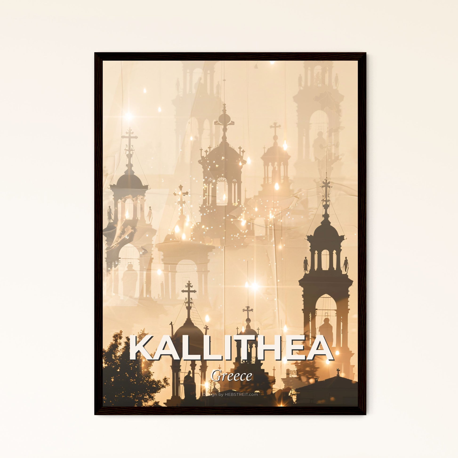 Kallithea Greece Skyline Composite Art Poster Beige - A group of buildings with crosses and a light