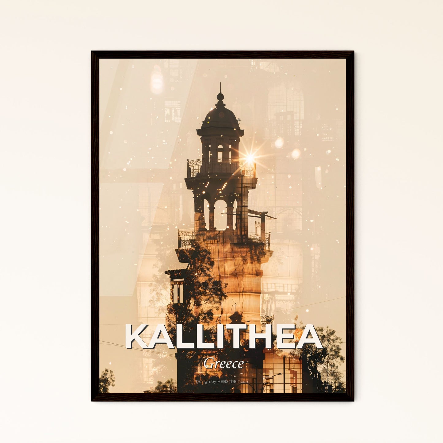 Kallithea Skyline Double Exposure Art Poster - A tower with a cross and a tree