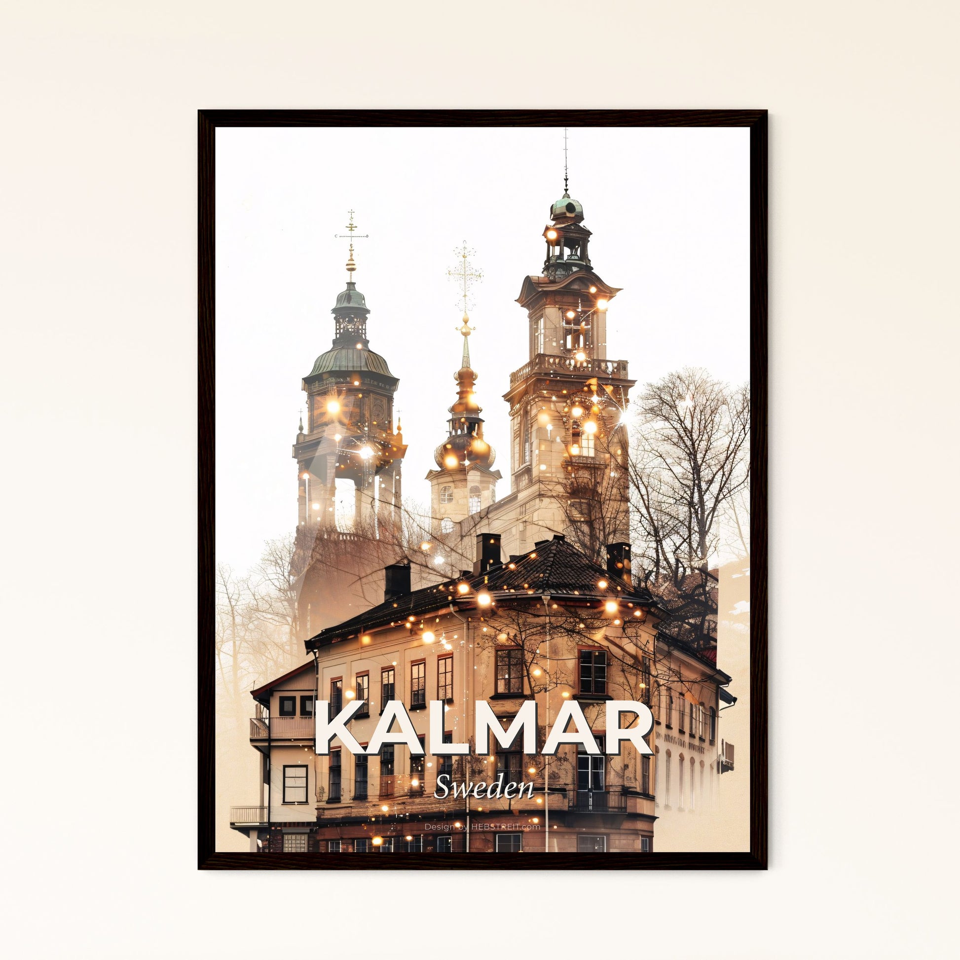 Kalmar Skyline Double Exposure Art Poster - A building with towers and lights