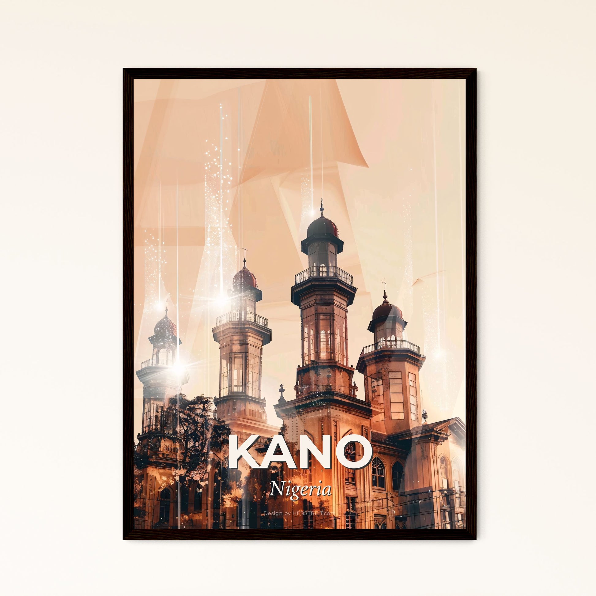 Kano Skyline Cityscape Night Lights Poster - A building with towers and a light in the sky