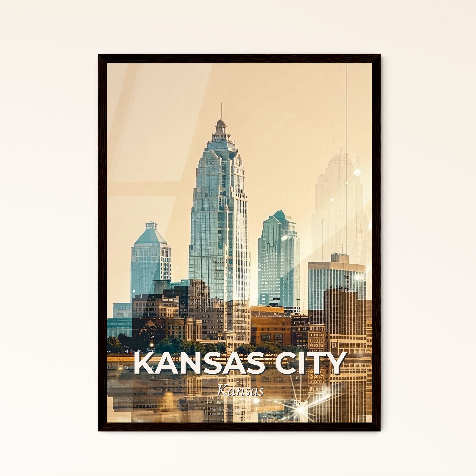 Kansas City Double Exposure Cityscape Poster - A city skyline with a bridge over water