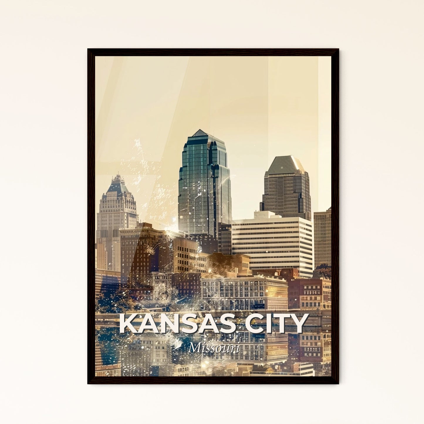 Kansas City Skyline Double Exposure Art - A city skyline with water reflection