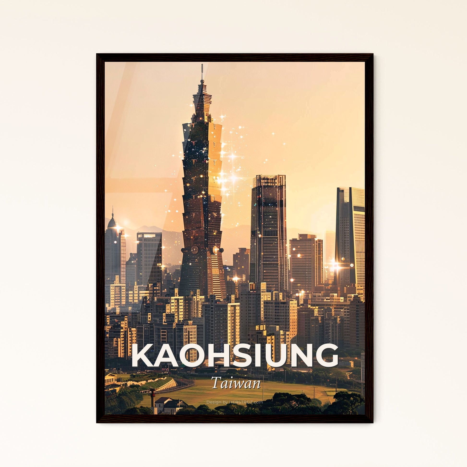 Kaohsiung Double Exposure Skyline Poster - A city with many tall buildings