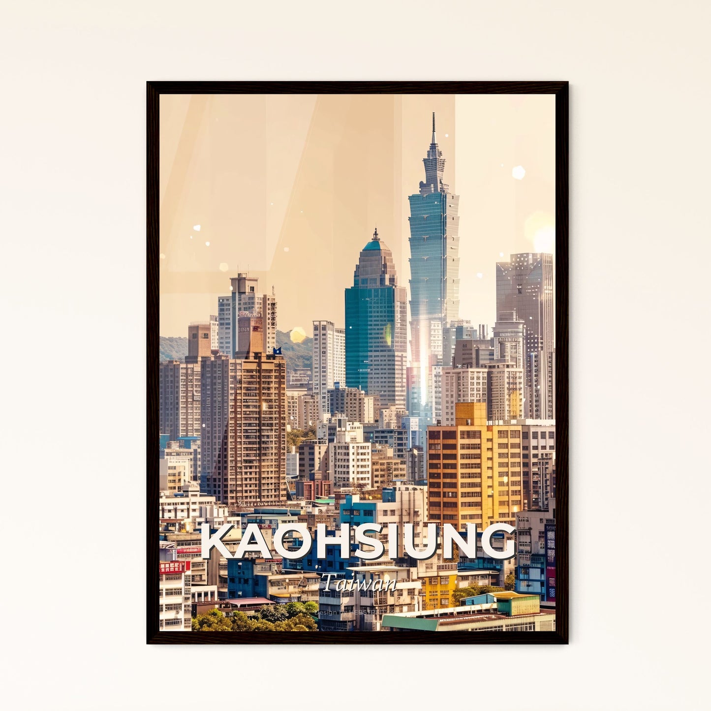 Kaohsiung Cityscape Sparkle Dreamscape Poster - A city skyline with many tall buildings