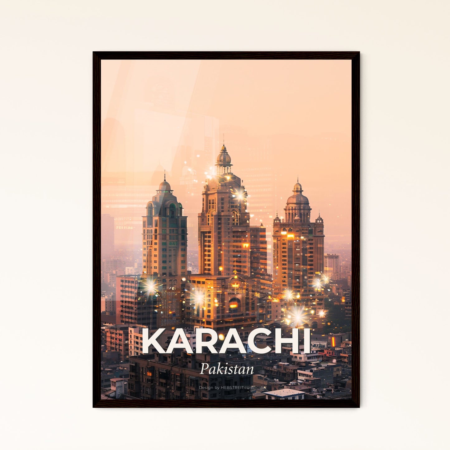 Karachi Skyline Double Exposure Art Poster - Lingaraja Temple with many tall buildings