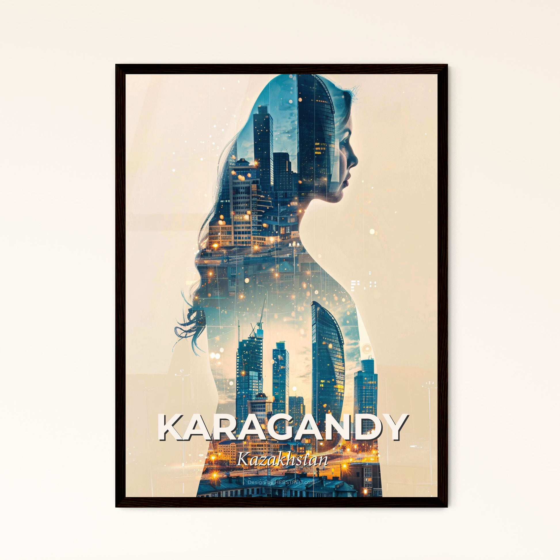 Karagandy Skyline Double Exposure Composite Poster - A woman with long hair and cityscape