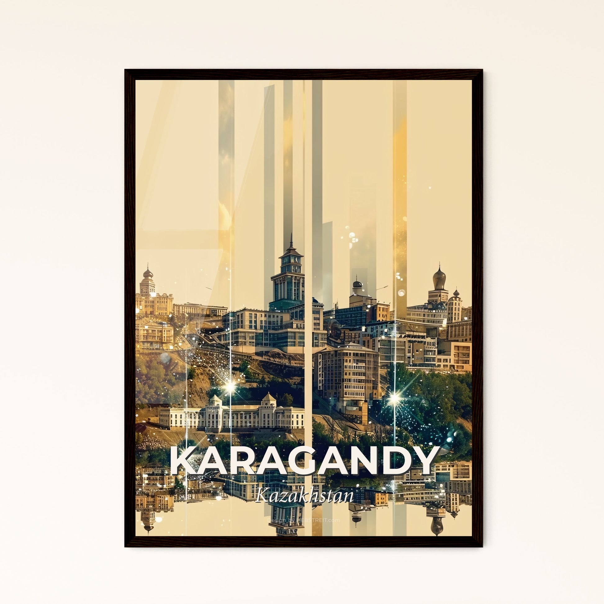 Karagandy City Icons Double Exposure Skyline Poster - A cityscape with buildings and lights