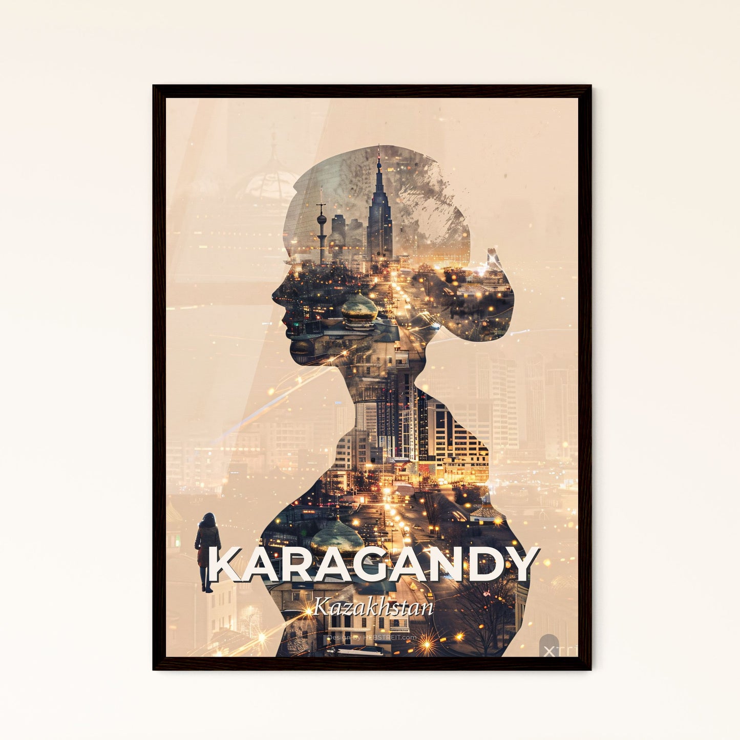 Karagandy Skyline Cityscape Poster Art - A woman's silhouette and a cityscape