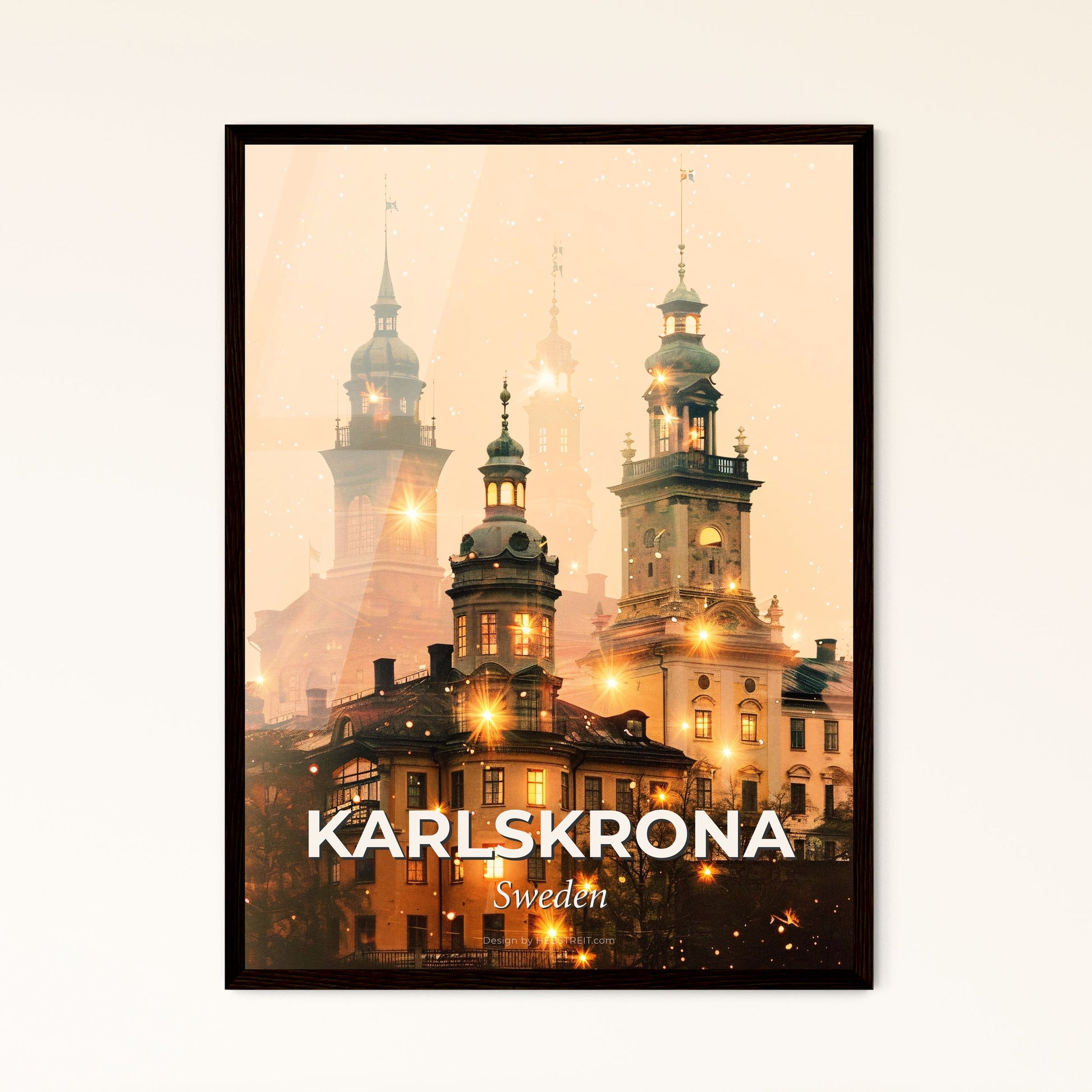 Karlskrona Skyline Art - Capture City's Essence - A group of buildings with lights