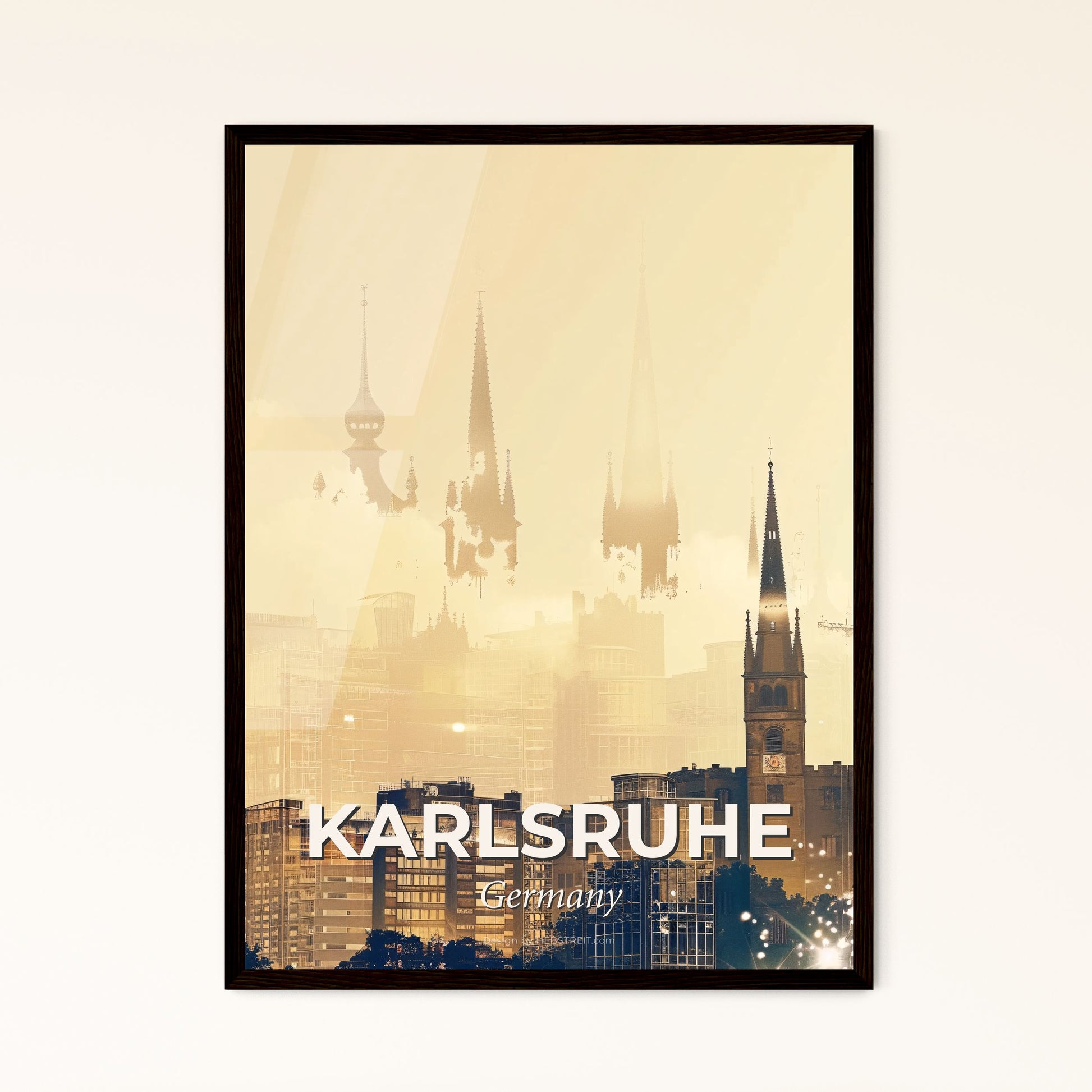 Karlsruhe Skyline Poster: Double Exposure Art - A city with tall buildings and towers