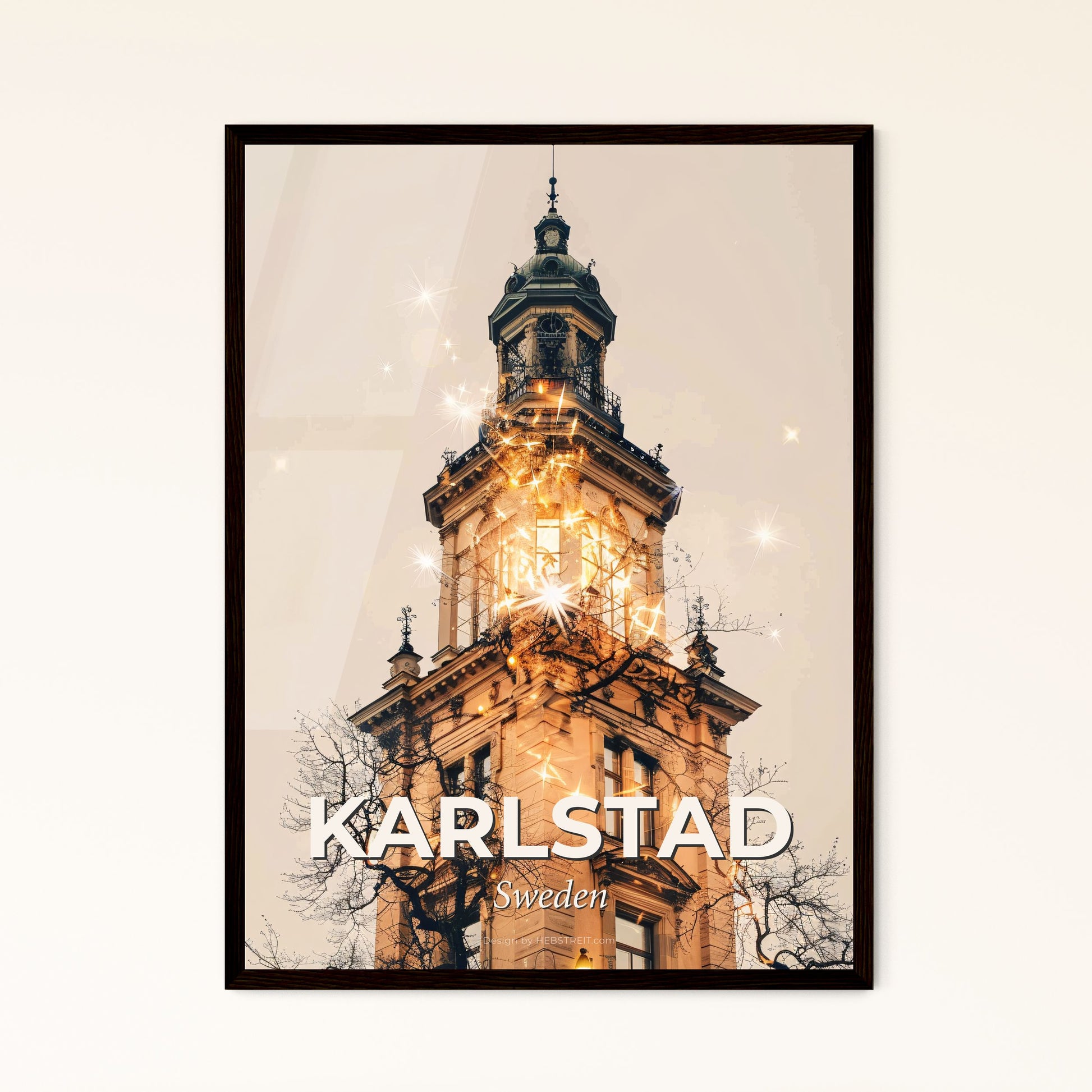 Karlstad City Skyline Composite Art Poster - A tall building with a bell tower and stars