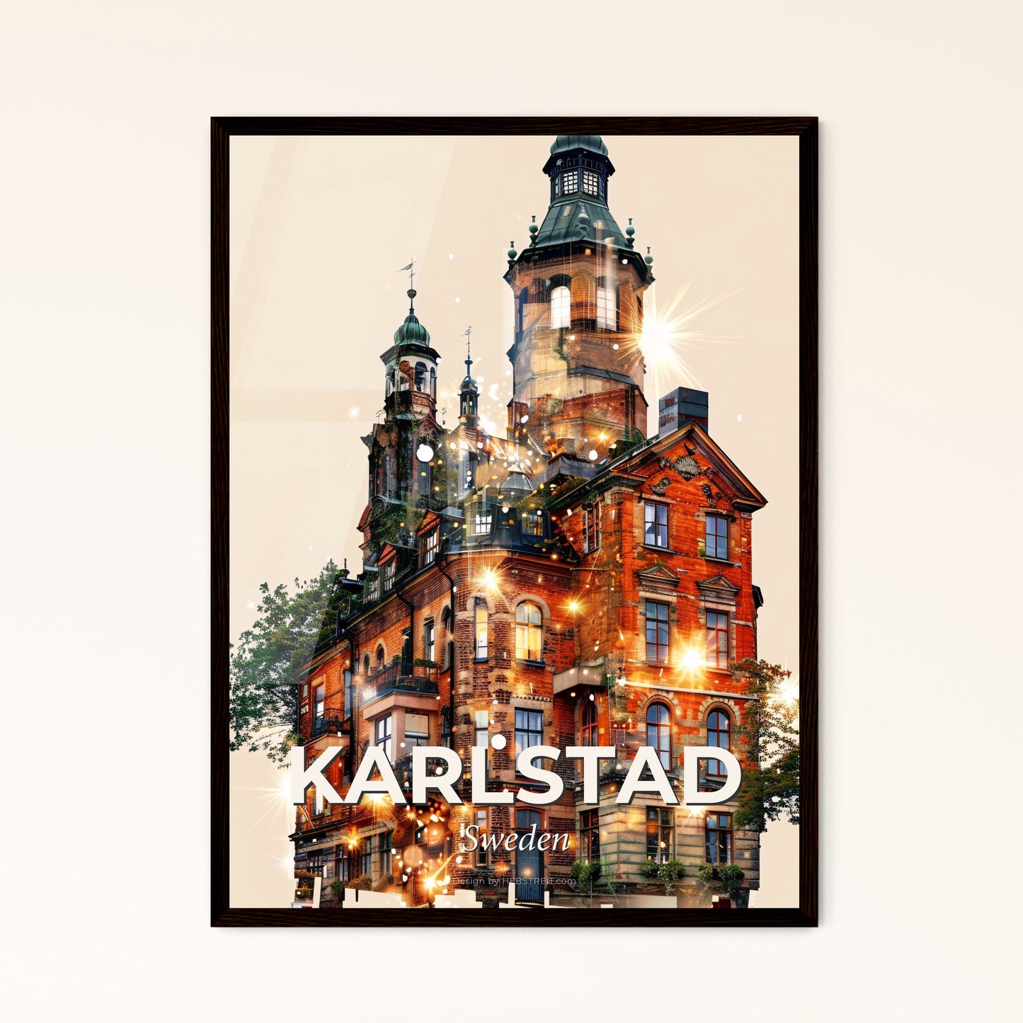 Karlstad Cityscape Night Magic Poster - A building with a tower and trees