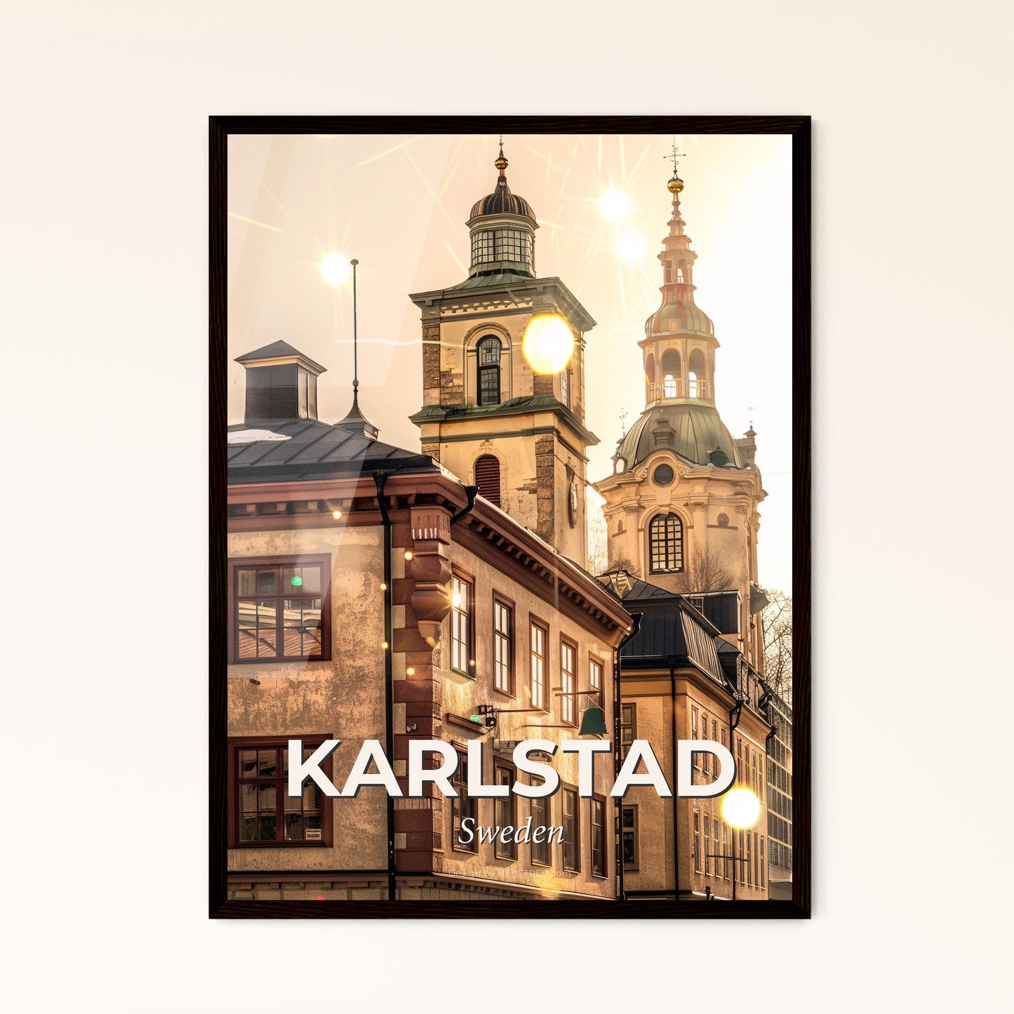 Karlstad City Skyline Double Exposure Art Poster - A building with a tower and a bell tower