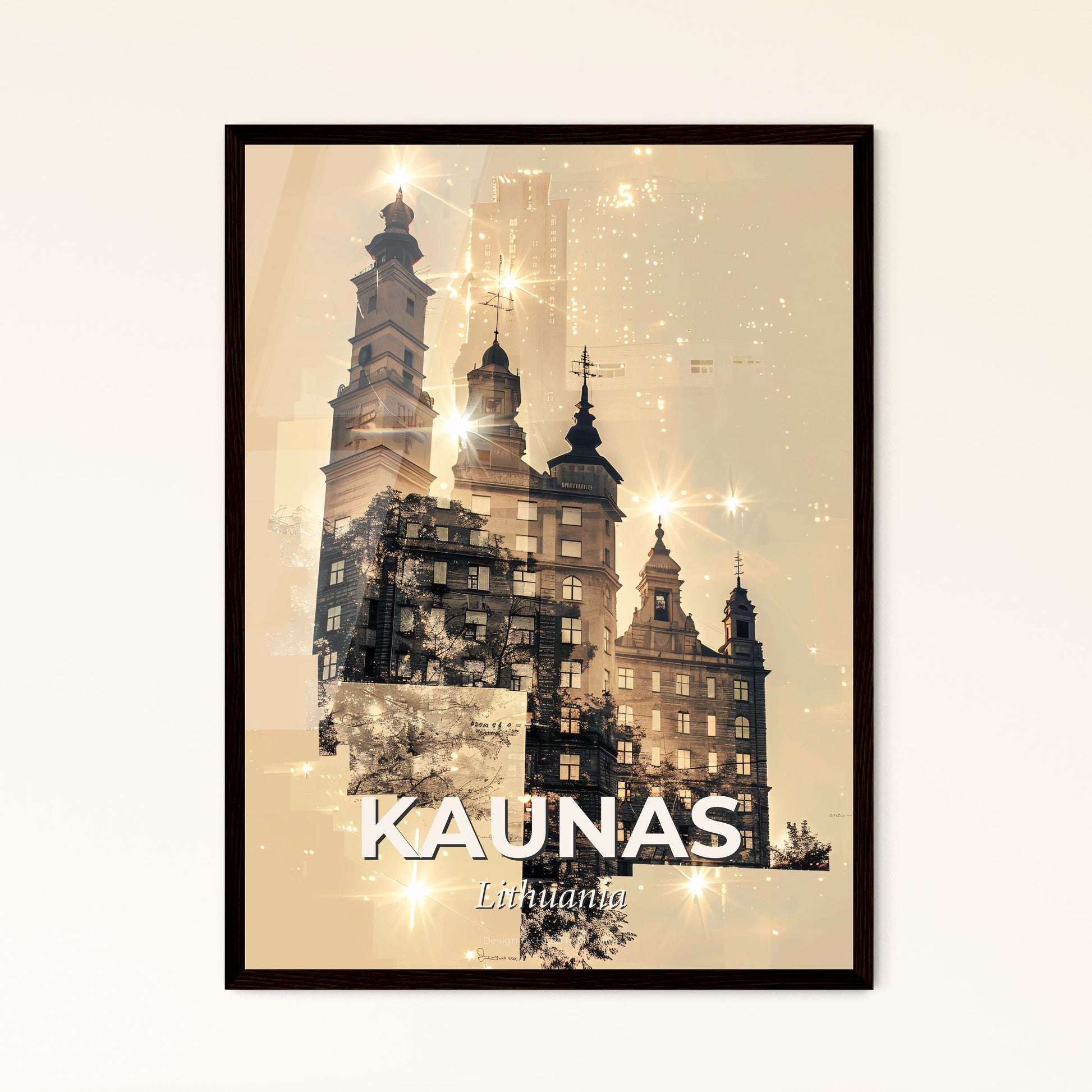 Kaunas City Skyline Double Exposure - A building with towers and spires