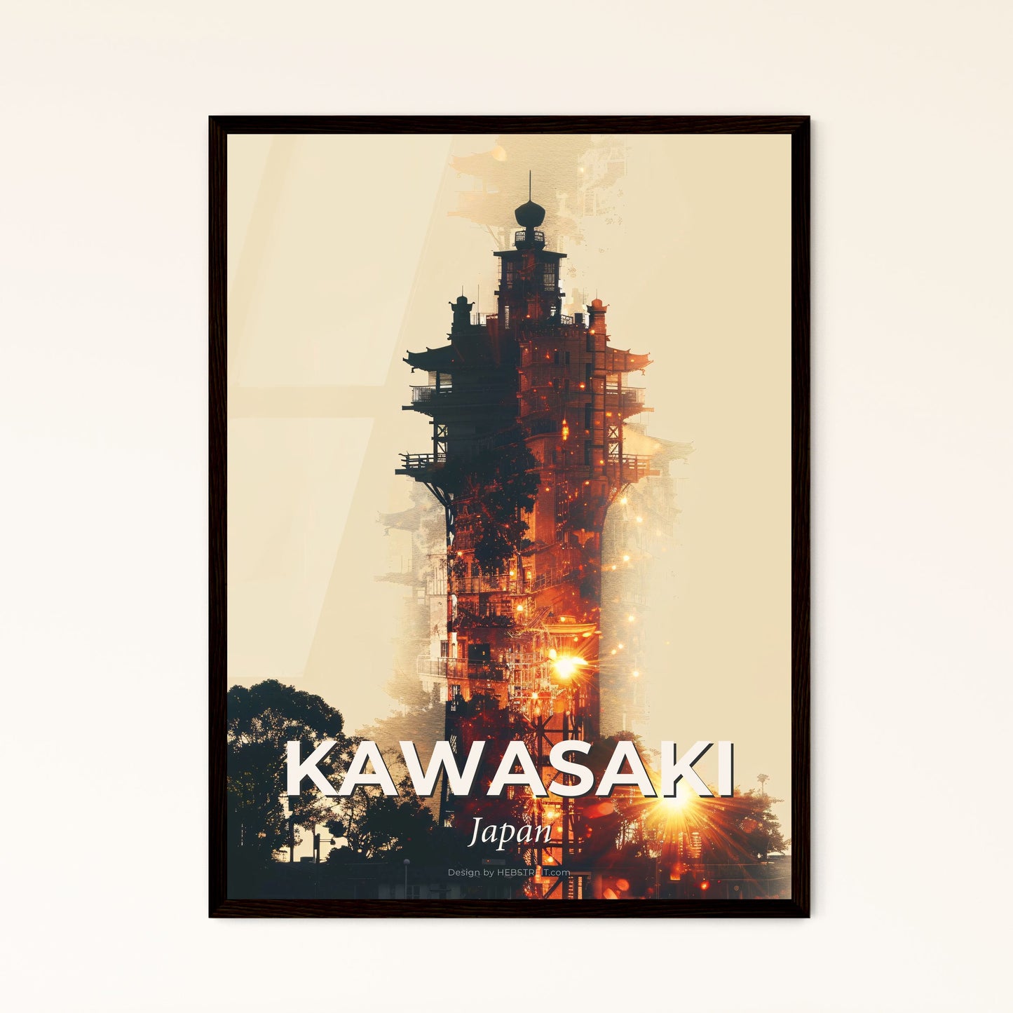 Kawasaki Cityscape Double Exposure Art Print - A tall building with scaffolding and trees