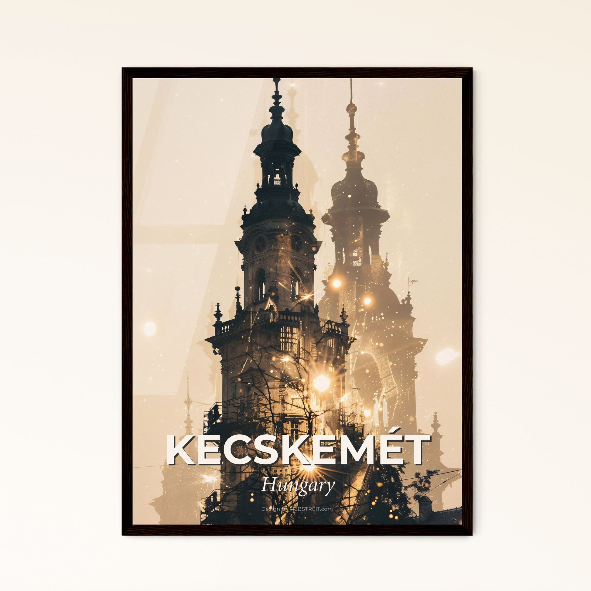 Kecskemét City Skyline Artistic Silhouette Poster - A building with a tower and a light in the background