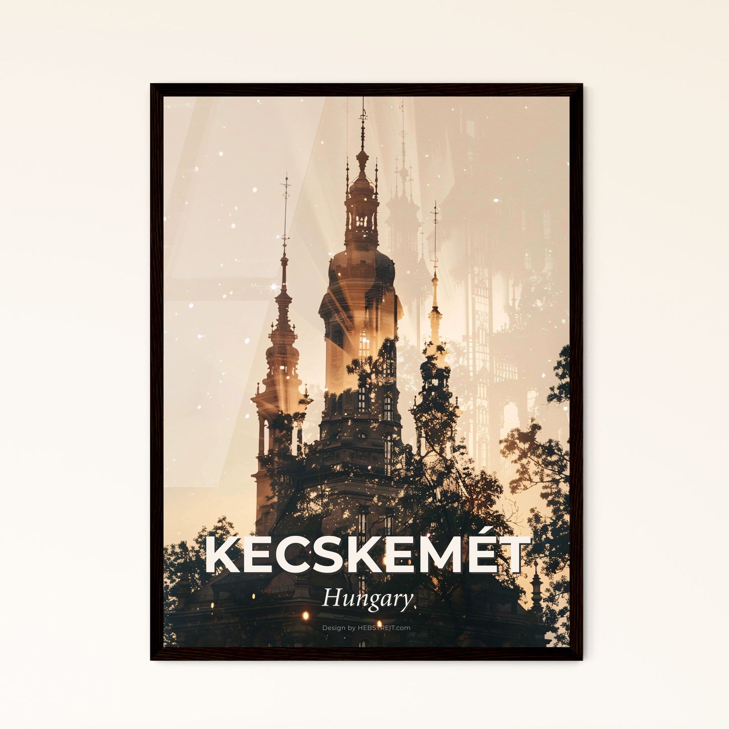 Kecskemét City Skyline in Double Exposure Art - A building with towers and trees